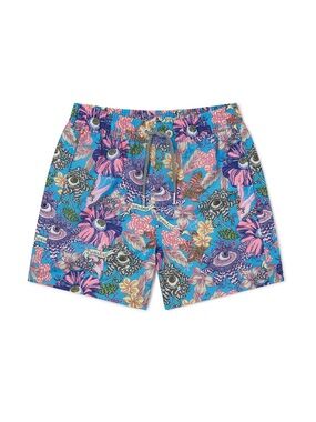 Boardies Blue Floral Pattern Kids Swim Trunks with Drawstring Waist